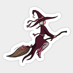 Hot witch modern and stylish purple and pink witch on her broomstick cute cartoon digital illustration Sticker